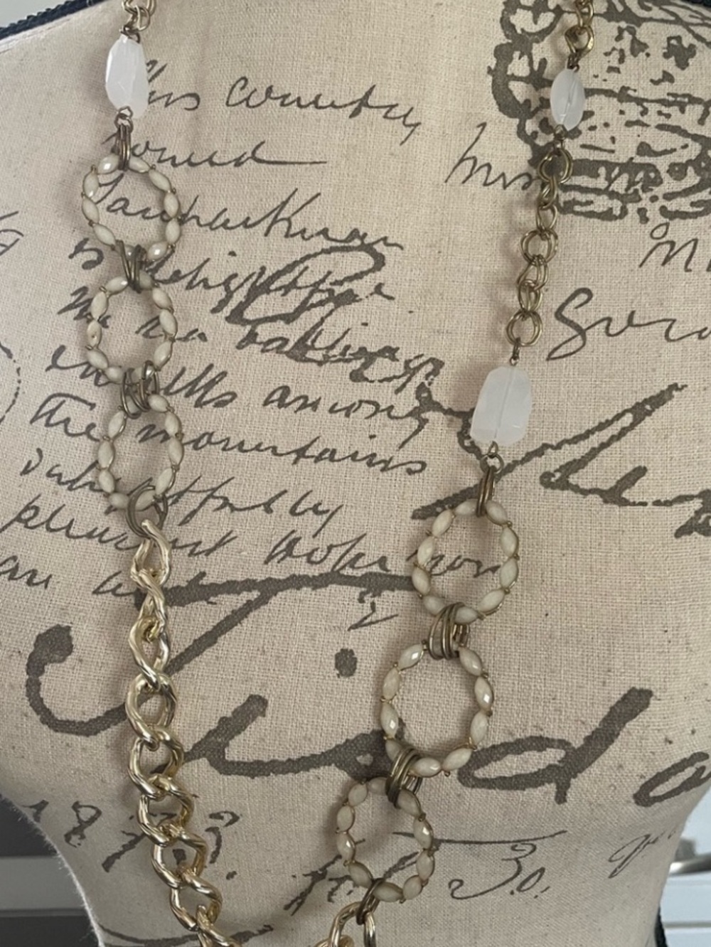 Long Cream Beaded and Gold Chain Necklace